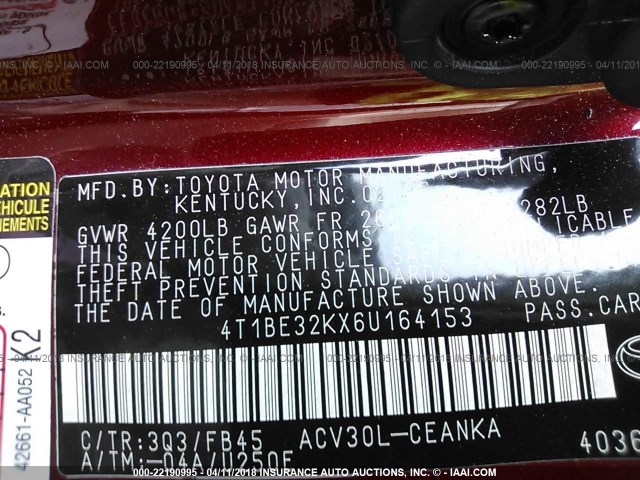 4T1BE32KX6U164153 - 2006 TOYOTA CAMRY LE/XLE/SE მუქწითელი ფოტო 9