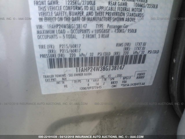 1FAHP24W38G138147 - 2008 FORD TAURUS SEL CREAM photo 9