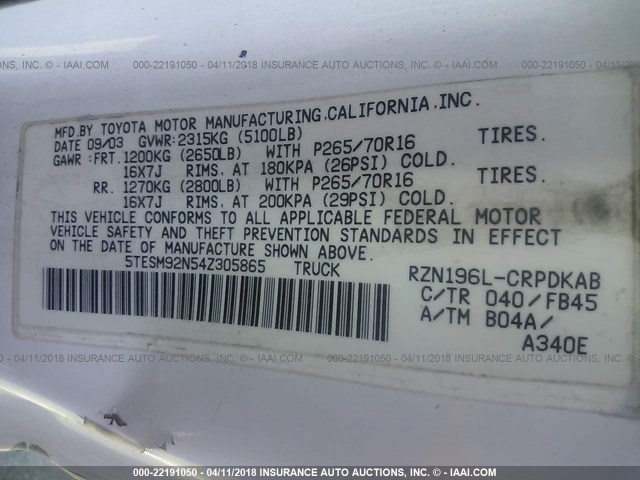 5TESM92N54Z305865 - 2004 TOYOTA TACOMA XTRACAB PRERUNNER თეთრი ფოტო 9