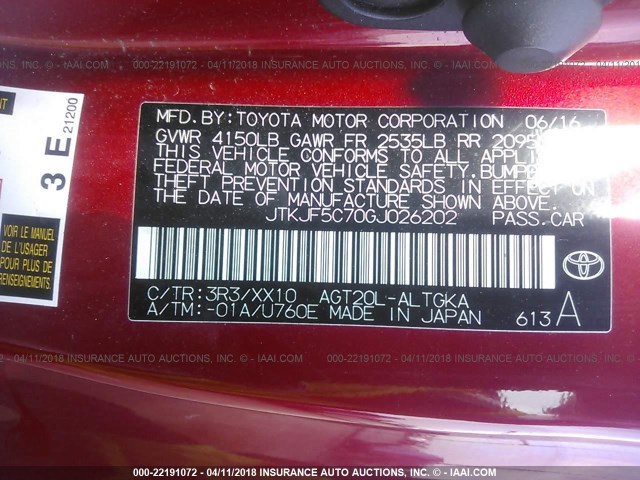 JTKJF5C70GJ026202 - 2016 TOYOTA SCION TC 红色 照片 9