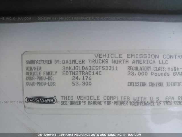 3AKJGLD63ESFS3311 - 2014 FREIGHTLINER CASCADIA 125  WHITE photo 10