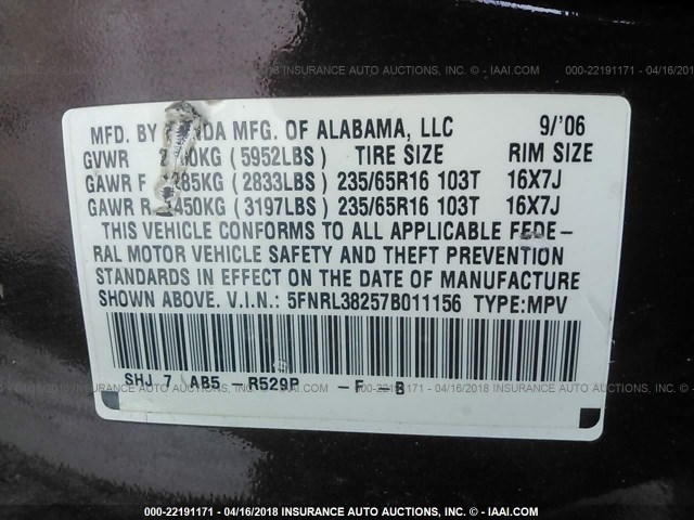 5FNRL38257B011156 - 2007 HONDA ODYSSEY LX BURGUNDY photo 9