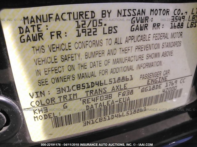 3N1CB51D46L518861 - 2006 NISSAN SENTRA 1.8/1.8S BLACK photo 9