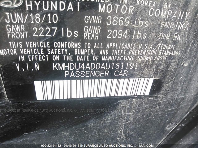 KMHDU4AD0AU131191 - 2010 HYUNDAI ELANTRA BLUE/GLS/SE BLACK photo 9