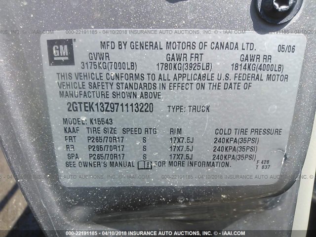 2GTEK13Z971113220 - 2007 GMC NEW SIERRA K1500 GRAY photo 9