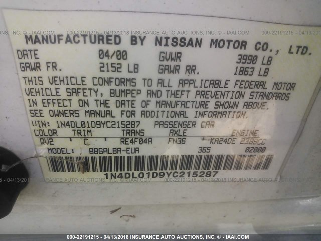 1N4DL01D9YC215287 - 2000 NISSAN ALTIMA XE/GXE/SE/GLE WHITE photo 9