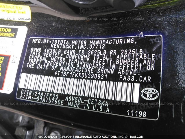 4T1BF1FKXDU290831 - 2013 TOYOTA CAMRY L/SE/LE/XLE 黑色 照片 9
