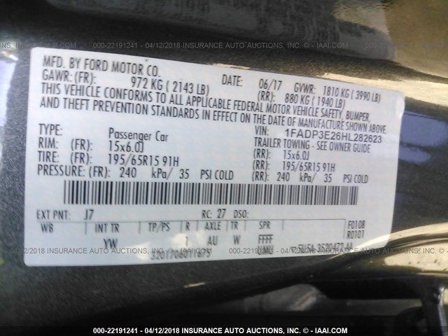 1FADP3E26HL282623 - 2017 FORD FOCUS S GRAY photo 9