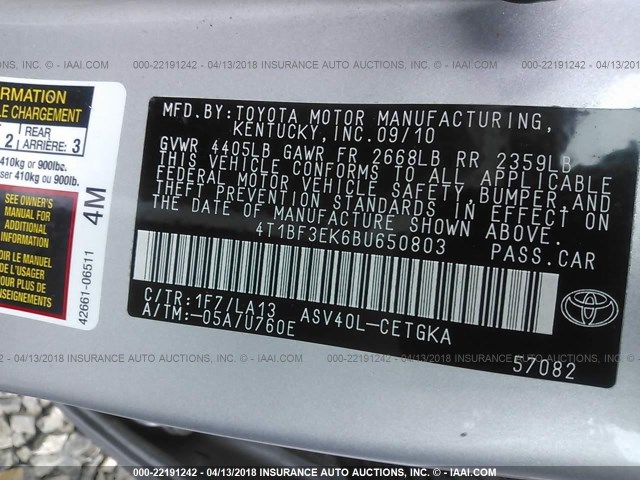 4T1BF3EK6BU650803 - 2011 TOYOTA CAMRY SE/LE/XLE SILVER photo 9