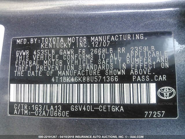 4T1BK46K88U571366 - 2008 TOYOTA CAMRY LE/XLE/SE ნაცრისფერი ფოტო 9