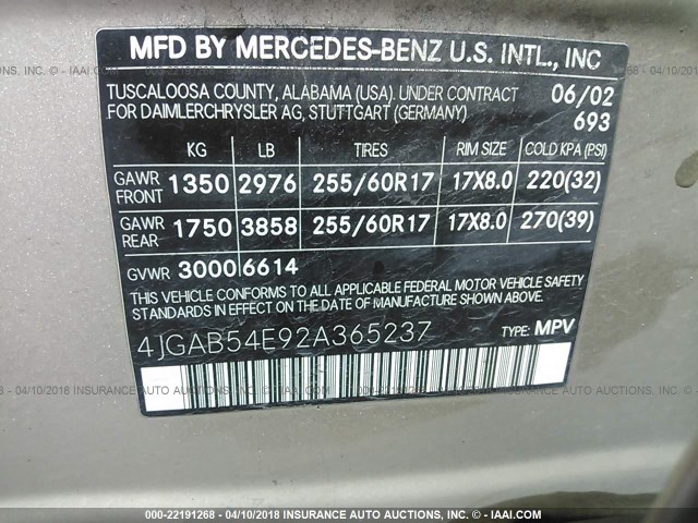 4JGAB54E92A365237 - 2002 MERCEDES-BENZ ML 320 金色 照片 9