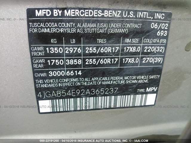 4JGAB54E92A365237 - 2002 MERCEDES-BENZ ML 320 GOLD photo 9