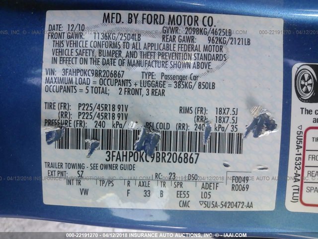 3FAHP0KC9BR206867 - 2011 FORD FUSION SPORT BLUE photo 9