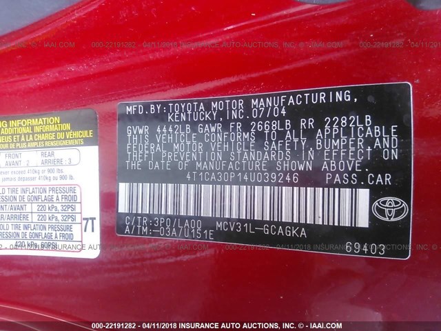 4T1CA30P14U039246 - 2004 TOYOTA CAMRY SOLARA SE/SLE RED photo 9