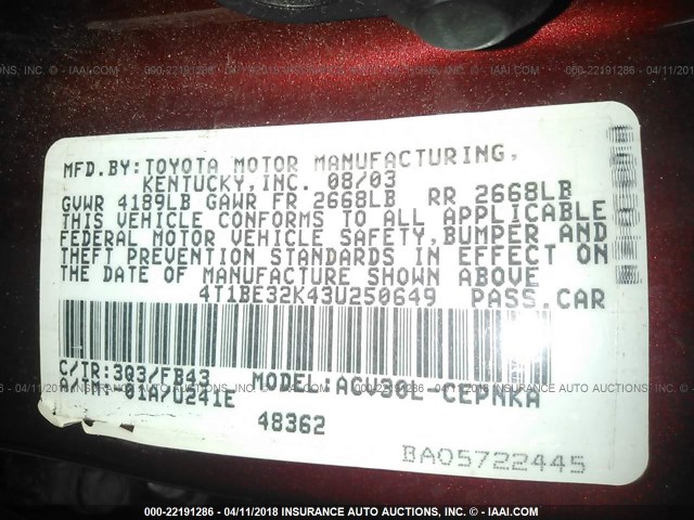 4T1BE32K43U250649 - 2003 TOYOTA CAMRY LE/XLE/SE 栗色 照片 9