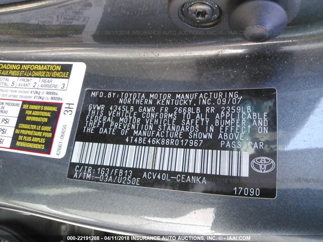 4T4BE46K88R017967 - 2008 TOYOTA CAMRY CE/LE/XLE/SE GRAY photo 9