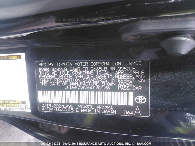 JTDBF32K550162138 - 2005 TOYOTA CAMRY LE/XLE/SE BLACK photo 9