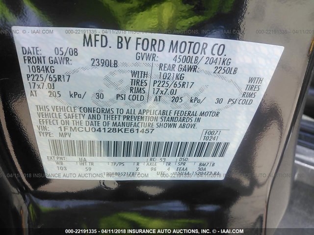 1FMCU04128KE61457 - 2008 FORD ESCAPE LIMITED BLACK photo 9