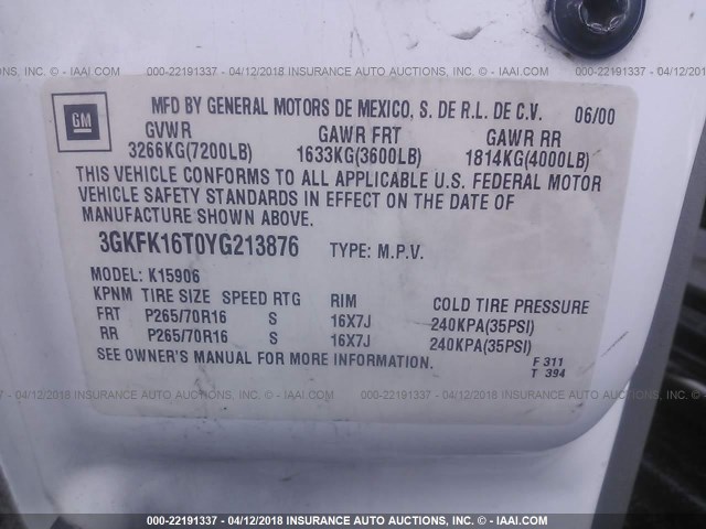 3GKFK16T0YG213876 - 2000 GMC YUKON XL K1500 WHITE photo 9