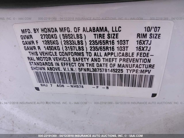 5FNRL38757B145225 - 2007 HONDA ODYSSEY EXL თეთრი ფოტო 9