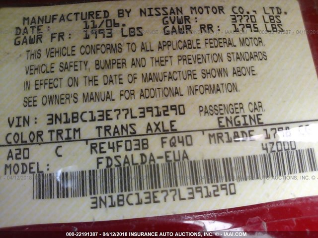 3N1BC13E77L391290 - 2007 NISSAN VERSA S/SL RED photo 9