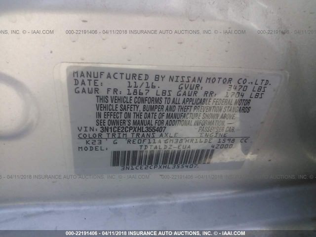 3N1CE2CPXHL355407 - 2017 NISSAN VERSA NOTE S/S PLUS/SV/SL/SR GRAY photo 9