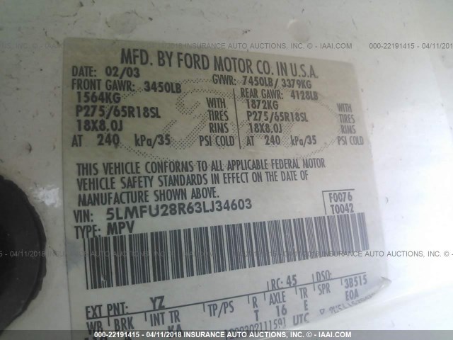 5LMFU28R63LJ34603 - 2003 LINCOLN NAVIGATOR WHITE photo 9