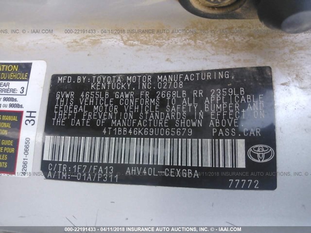 4T1BB46K69U065679 - 2009 TOYOTA CAMRY HYBRID SILVER photo 9