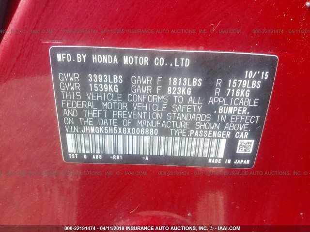 JHMGK5H5XGX006880 - 2016 HONDA FIT LX RED photo 9