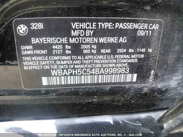 WBAPH5C54BA998983 - 2011 BMW 328 I SULEV BLACK photo 9