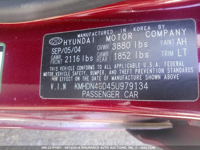 KMHDN46D45U979134 - 2005 HYUNDAI ELANTRA GLS/GT RED photo 9