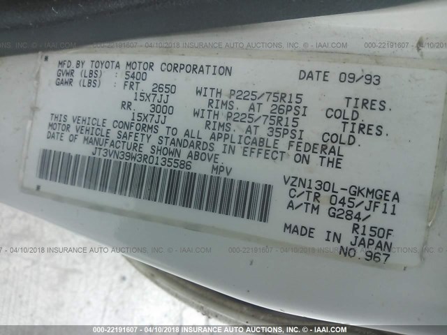 JT3VN39W3R0135586 - 1994 TOYOTA 4RUNNER VN39 SR5 白色 照片 9