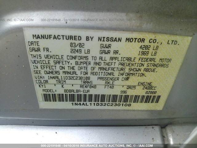 1N4AL11D32C230108 - 2002 NISSAN ALTIMA S/SL SILVER photo 9