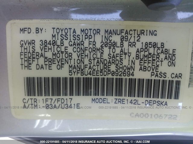 5YFBU4EE5DP092694 - 2013 TOYOTA COROLLA S/LE SILVER photo 9