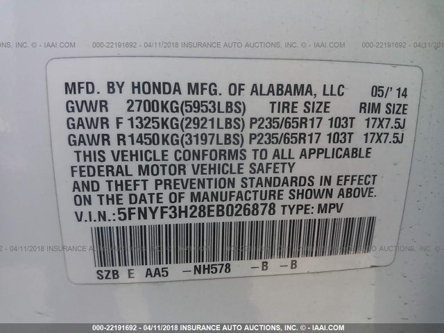 5FNYF3H28EB026878 - 2014 HONDA PILOT LX WHITE photo 9