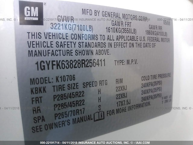 1GYFK63828R256411 - 2008 CADILLAC ESCALADE LUXURY أبيض صورة 9