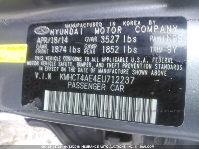 KMHCT4AE4EU712237 - 2014 HYUNDAI ACCENT GLS/GS GRAY photo 9