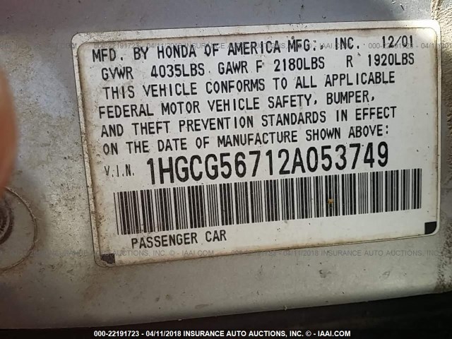 1HGCG56712A053749 - 2002 HONDA ACCORD SE SILVER photo 9