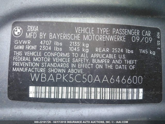 WBAPK5C50AA646600 - 2010 BMW 328 XI SULEV GRAY photo 9