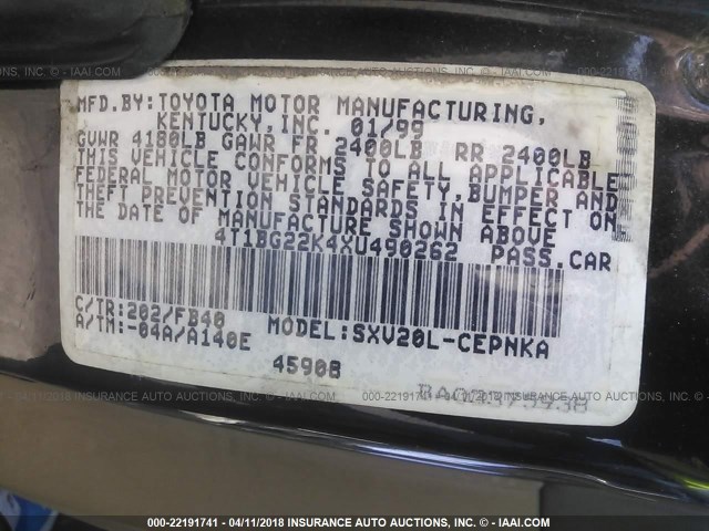 4T1BG22K4XU490262 - 1999 TOYOTA CAMRY CE/LE/XLE BLACK photo 9