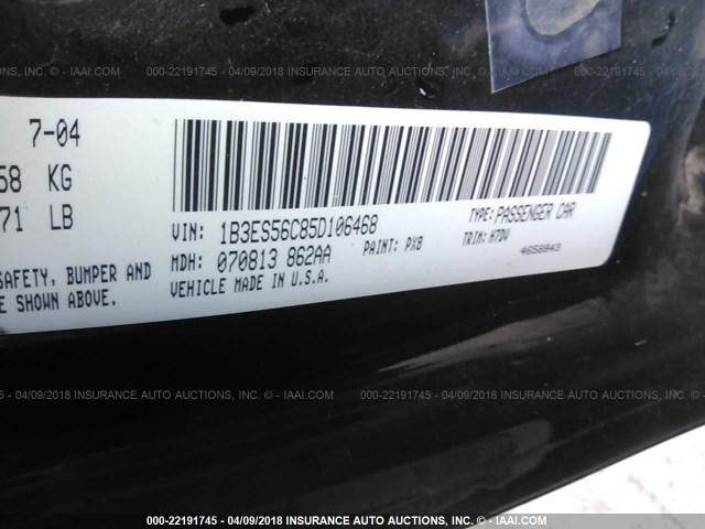 1B3ES56C85D106468 - 2005 DODGE NEON SXT BLACK photo 9