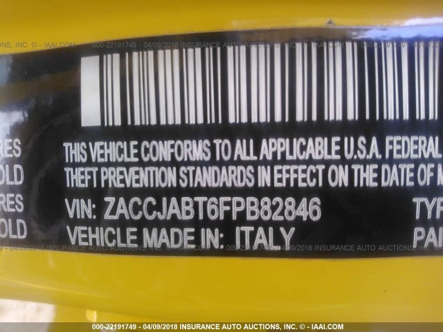 ZACCJABT6FPB82846 - 2015 JEEP RENEGADE LATITUDE YELLOW photo 9