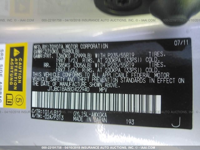 JTJBC1BA8B2422940 - 2011 LEXUS RX 450 SILVER photo 9