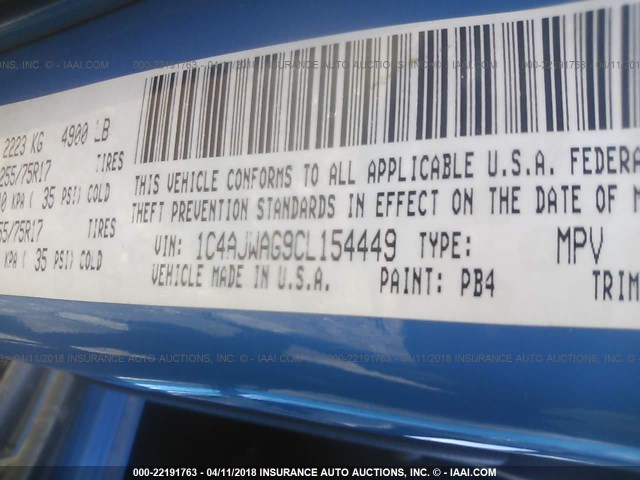 1C4AJWAG9CL154449 - 2012 JEEP WRANGLER SPORT 蓝色 照片 9