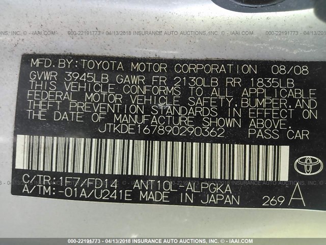 JTKDE167890290362 - 2009 TOYOTA SCION TC 银色 照片 9
