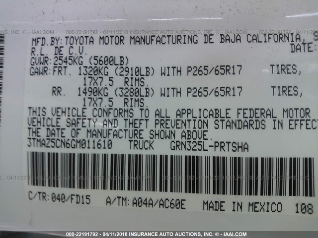 3TMAZ5CN6GM011610 - 2016 TOYOTA TACOMA DBL CAB/SR5/TRD SPORT/OR WHITE photo 9