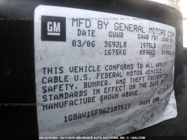 1G8AW15F96Z187517 - 2006 SATURN ION LEVEL 3 GRAY photo 9