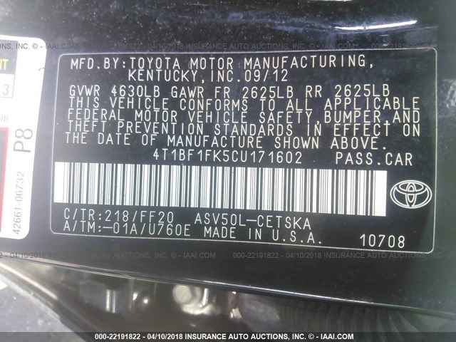 4T1BF1FK5CU171602 - 2012 TOYOTA CAMRY SE/LE/XLE 黑色 照片 9