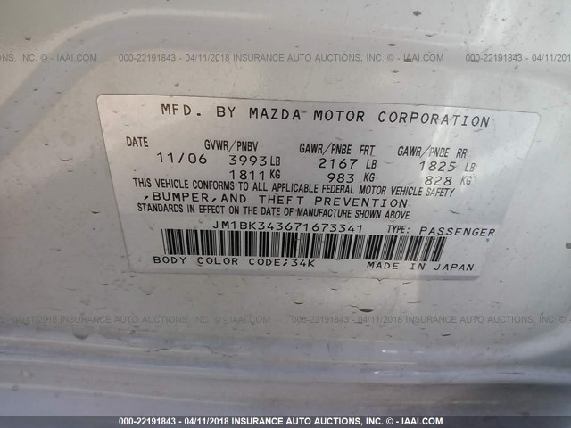 JM1BK343671673341 - 2007 MAZDA 3 HATCHBACK WHITE photo 9