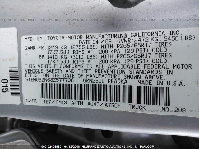 5TEMU52N68Z577736 - 2008 TOYOTA TACOMA DOUBLE CAB LONG BED SILVER photo 9